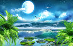 蓝天白云海滩海景3D电视背景墙