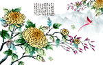 菊花意境花鸟国画背景墙