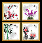 梅兰竹菊山水梅兰竹菊四条屏梅兰