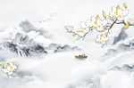 新中式玉兰水墨山水石纹飞鸟背景
