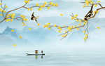 新中式手绘银杏花鸟山水背景墙