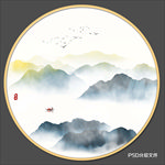 圆形山水画禅意山水意境山水