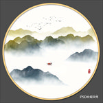 圆形山水画禅意山水意境山水
