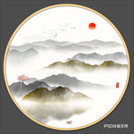 圆形山水画禅意山水意境山水