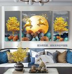 新中式豪华年轮发财树麋鹿挂画
