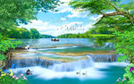 中式流水生财山水画背景墙