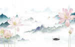荷花新中式山水画 文件分层