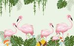 卡通儿童房间热带植物火烈鸟墙纸