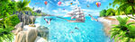 白云海滩椰树海景主题空间背景墙