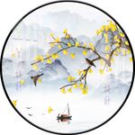 新中式银杏花鸟圆形装饰画图片