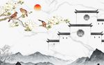 白玉兰画眉新中式客厅大理石背景