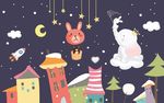 儿童手绘大象房子星星背景墙