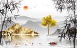 竹子风景山水墙画 文件分层