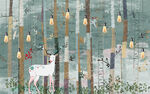 欧式抽象树林小鹿背景墙