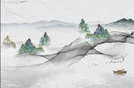 新中式素雅水墨山水麋鹿背景墙