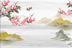 素雅山水情工笔花鸟石纹背景墙
