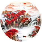 新中式圆形山水鸿运当头晶瓷画