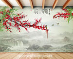 梅花竹子山水风景背景墙