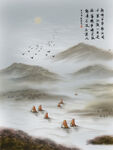 中国风水墨山水中式水墨意境插画