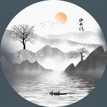 新中式抽象水墨山水圆形装饰画