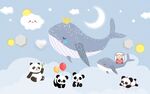 手绘北欧海豚熊猫背景墙