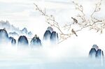 瀑布国画山水花鸟意境背景墙