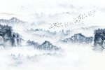 山水瀑布飞鸟意境森林背景墙