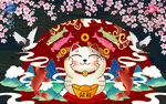 招财猫浪漫樱花锦鲤工装背景墙