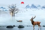 麋鹿山水背景墙