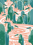 中国风国潮山水多彩纹样插画