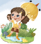 手绘撑伞的小女孩