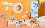 卡通长颈鹿儿童房背景墙