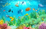海底世界海豚海草3D电视背景墙