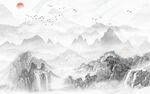 水墨山水旭日东升新中式背景墙