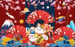 日式手绘招财猫餐饮工装背景墙图