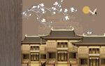 新中式线描古建筑背景墙    