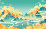 手绘国潮风国潮山水插画海报背景