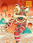 国潮舞狮插画