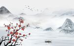梅花新中式山简约现代电视背景墙