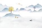 蓝色山水抽象烟雾麋鹿背景墙