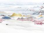 新中式花鸟桃源山水石纹背景