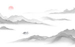 轻奢装饰画 水墨山水画 太阳船
