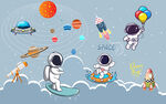 太空人可爱卡通儿童房背景墙