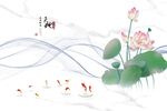 中式荷花山水九鱼图背景墙
