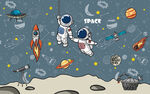 卡通太空宇航员儿童房背景墙