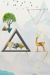 新中式 几何抽象麋鹿装饰画