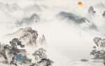 中国风中式山水墙画 Tif分层