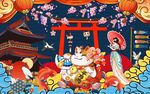 招财猫日式背景墙图片