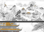 亭台寺庙水墨山水中式装饰画壁画