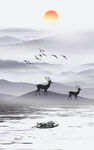 水墨湖泊麋鹿艺术挂画装饰画